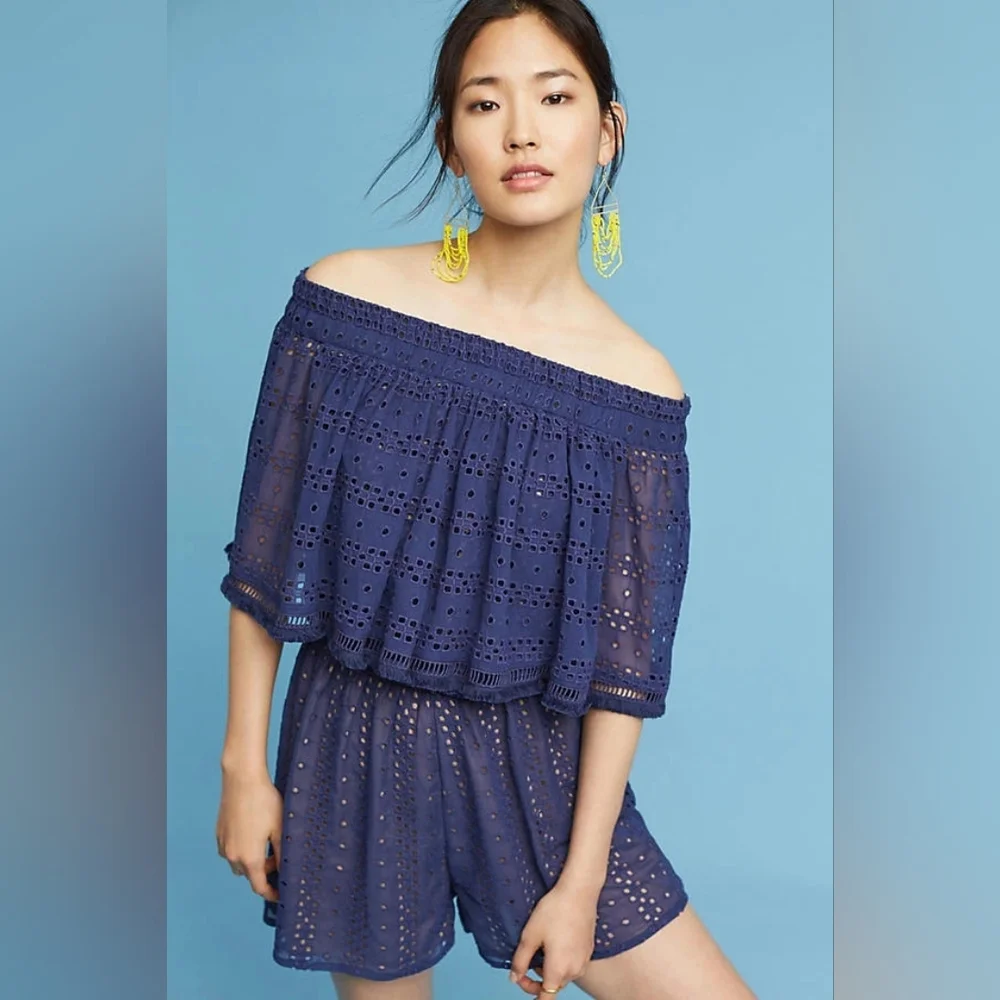 Anthropologie Romper Womens Small Blue Ranna Gill Tiered Ruffle Layered Boho - Picture 6 of 16